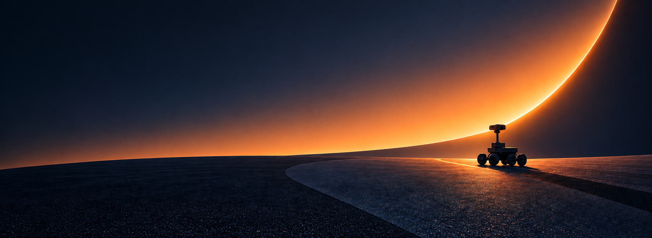 A small exploration robot beneath a luminous orange horizon